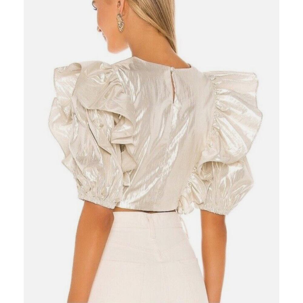 Lovers + Friends Revolve Crop Top Ruffle Metallic Foil Gold Puff Sleeve Sz XS - Picture 3 of 9